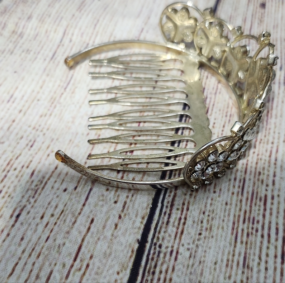 Vintage Light Gold 925 Marked Mini Tiara Rhinestone Comb - Picture 8 of 10